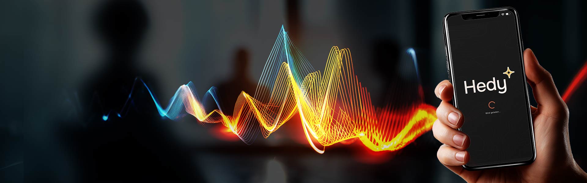 Hedy.ai App auf einem Smartphone mit bunten Soundeffekten im Hintergrund